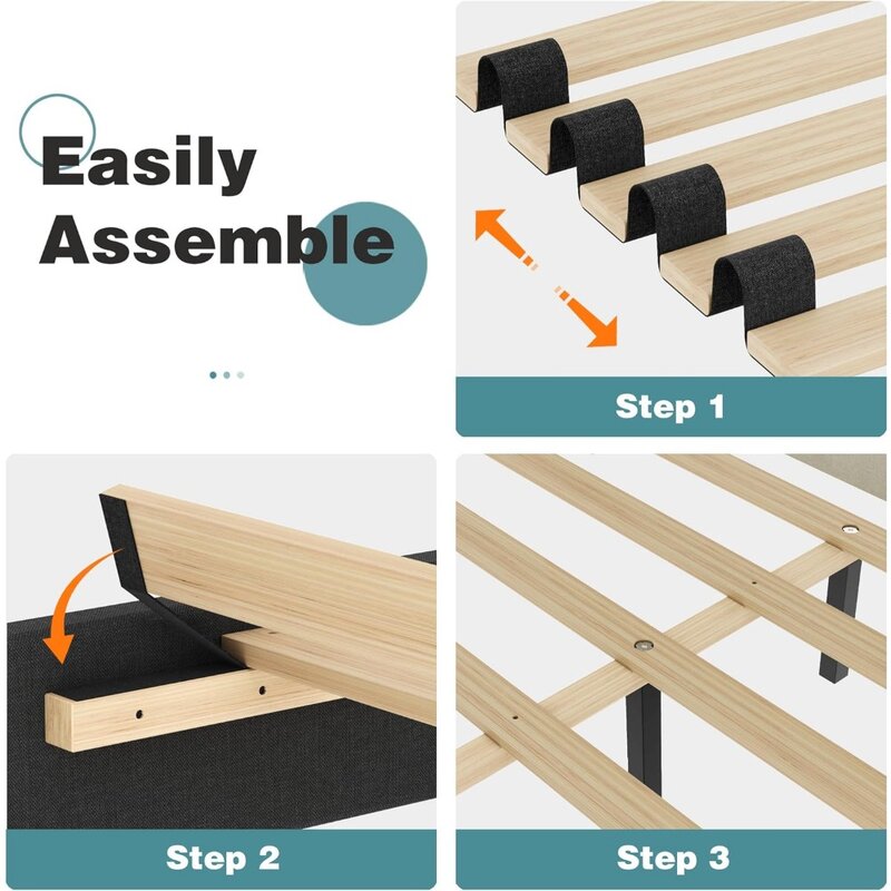 Solutions.com-Cadre de lit avec support de lamelles en bois, pas besoin de ressort mécanique, pieds rapides, assemblage facile, gris foncé