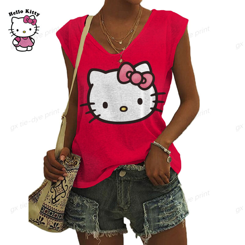 2024 Модный женский мини-топ с аниме рисунком Hello Kitty3D, Женская майка с мультяшным рисунком, Женский Топ