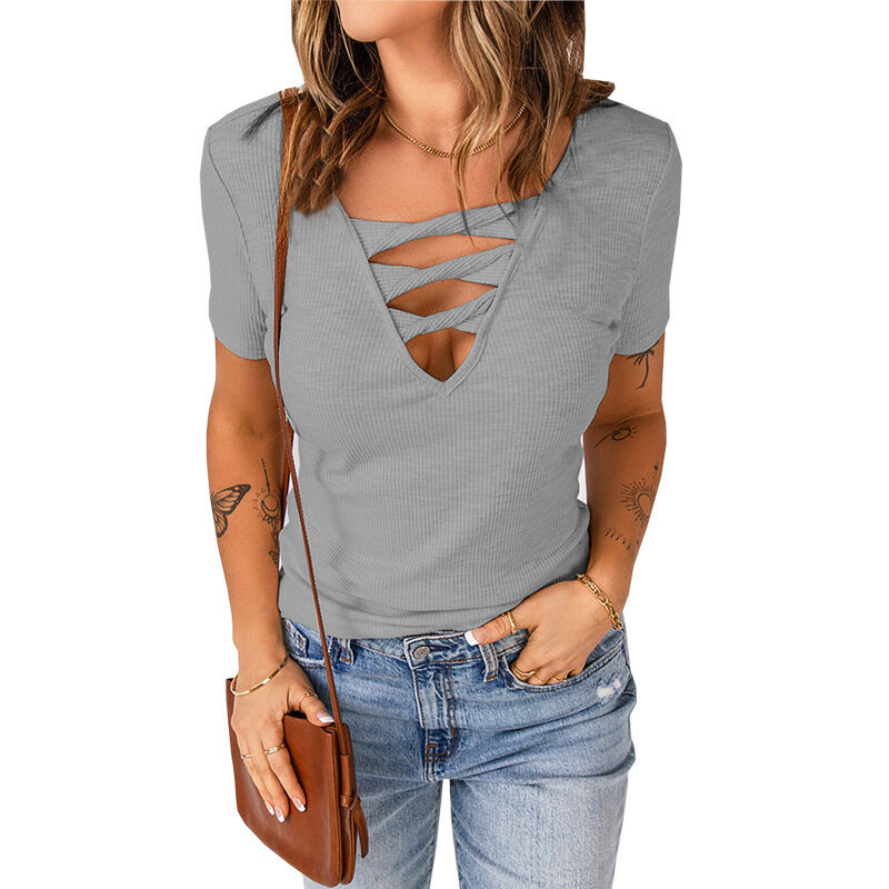 2024 New Summer Elegant Fashion Oversized Sexy Loose Casual T-shirts for Women Hollow Out Polyester V Neck Short Sleeve Y2K Tops