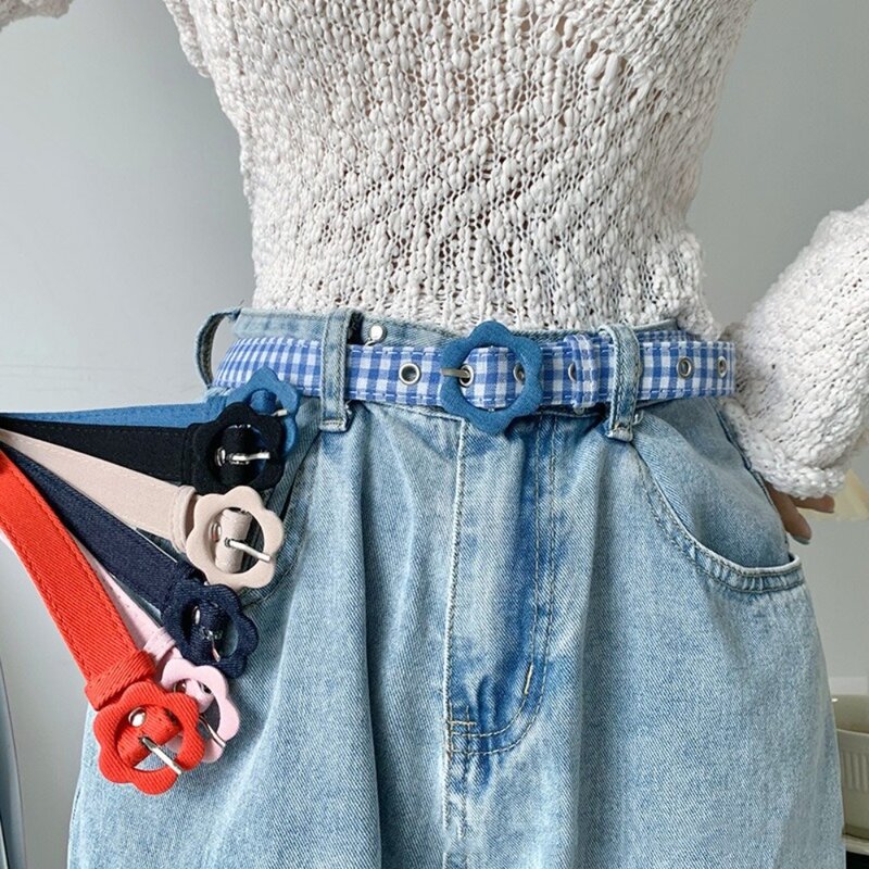 Fivela de flores de couro PU feminino, cinto jeans xadrez, cintura que combina com tudo, moda vestido