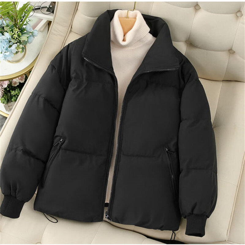 Simple Thickened Solid Color Cotton Padded Jacket Korean Fashion Lapel Drawstring Waist Pocket Down Coat Women Loose Elegant Top
