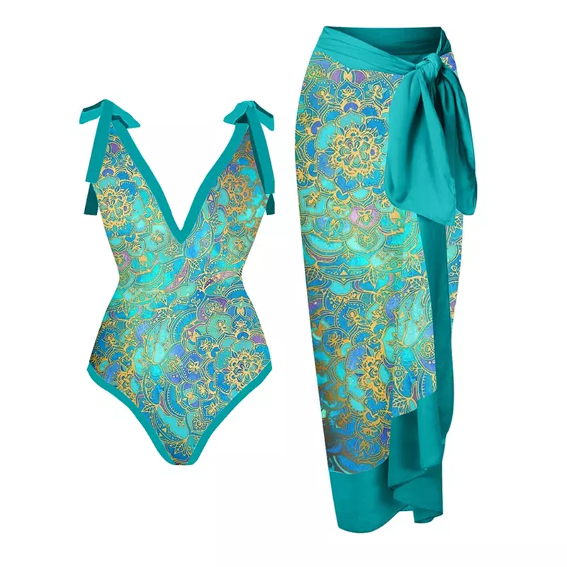 Modny kolorowy nadruk strój kąpielowy z dekoltem w serek kombinezon seksowny, zbierający smukłe stroje plażowe dla kobiet luksusowy strój kąpielowy Push up