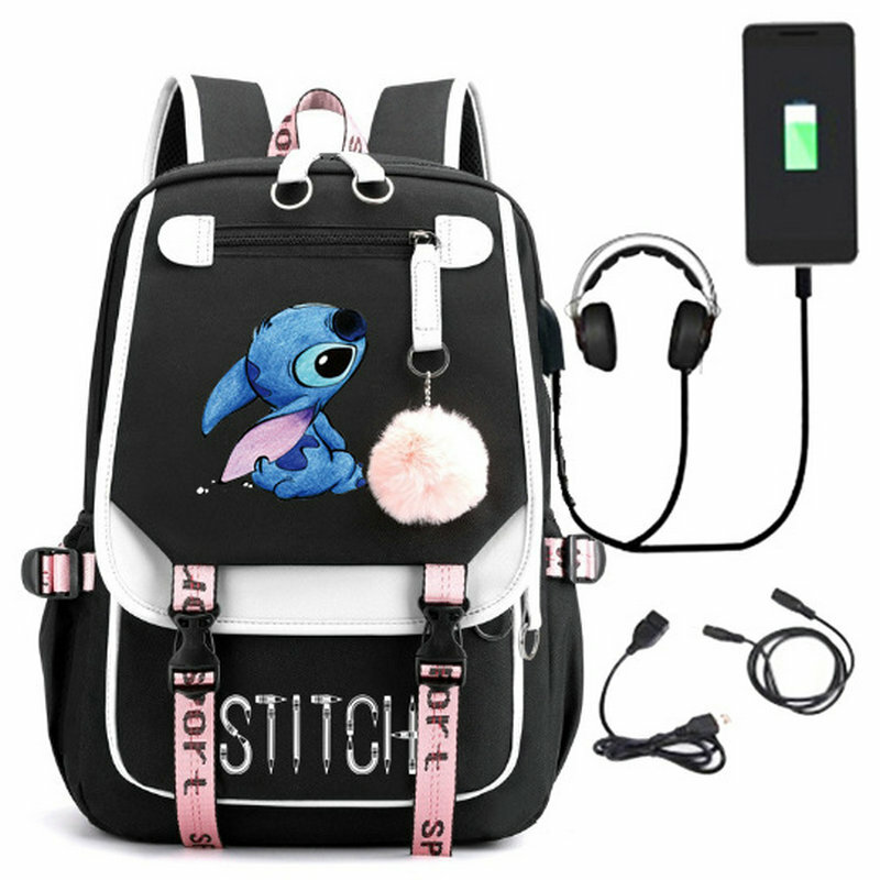 Disney-Mochila de Stitch para mujer, morral escolar con carga USB, para adolescentes, niñas y niños, para ordenador portátil, de viaje, 2024