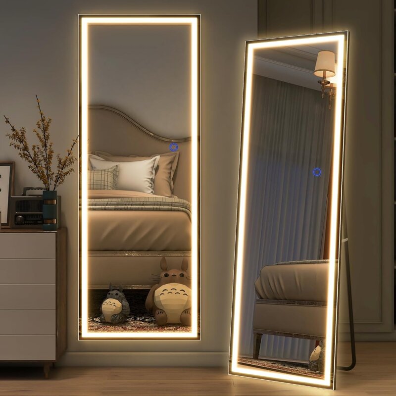 LED 조명이 있는 전체 길이 거울, 침실 욕실 거실용 무단 조도 조절, 흰색 바닥 거울, 전신 길이 대형