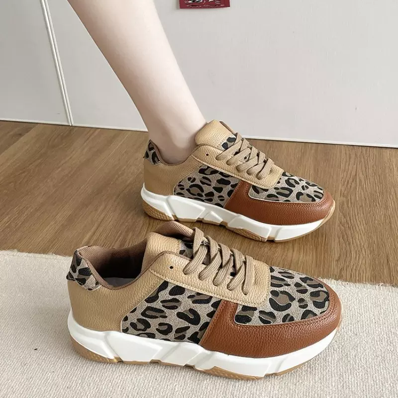 Zapatos tobilleros de leopardo para mujer, zapatillas de plataforma con cordones, informales, a la moda, para primavera, 2023