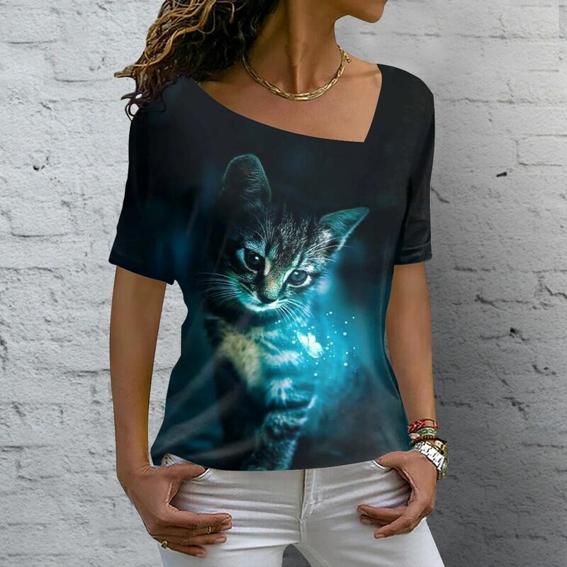 Kaus wanita lengan pendek, kaus oblong wanita motif kucing Kawaii 3D, atasan Y2k, pakaian musim panas, kaus lengan pendek, leher V, kaus liburan kasual