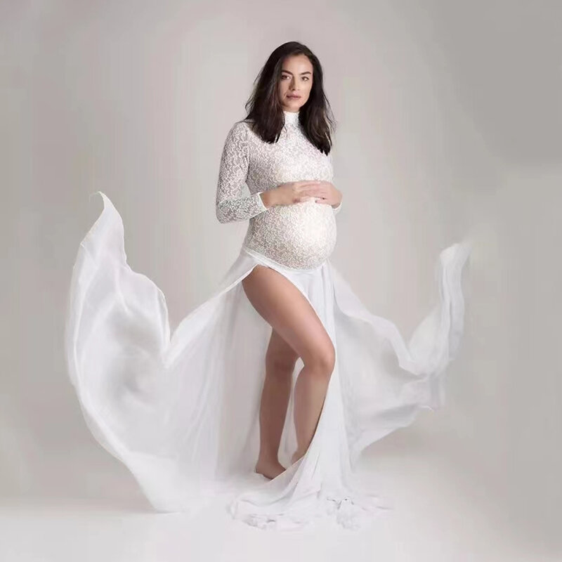 Maternity Photography Props Dress Stretchy Lace Bodysuit Removable Chiffon Sides Slit Skirt For Photo Shoot Pregnant Accessories
