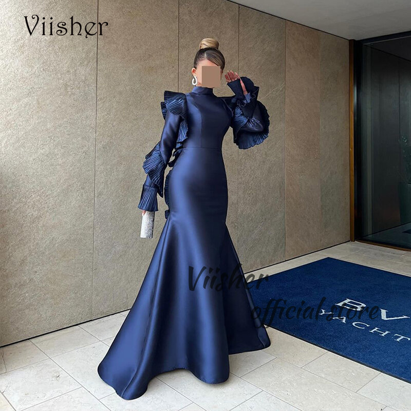 Темно-Синие атласные вечерние платья-русалки, официальное платье с длинным рукавом и высоким воротом, платье в арабском стиле Дубая для выпускного вечера, модель 2024