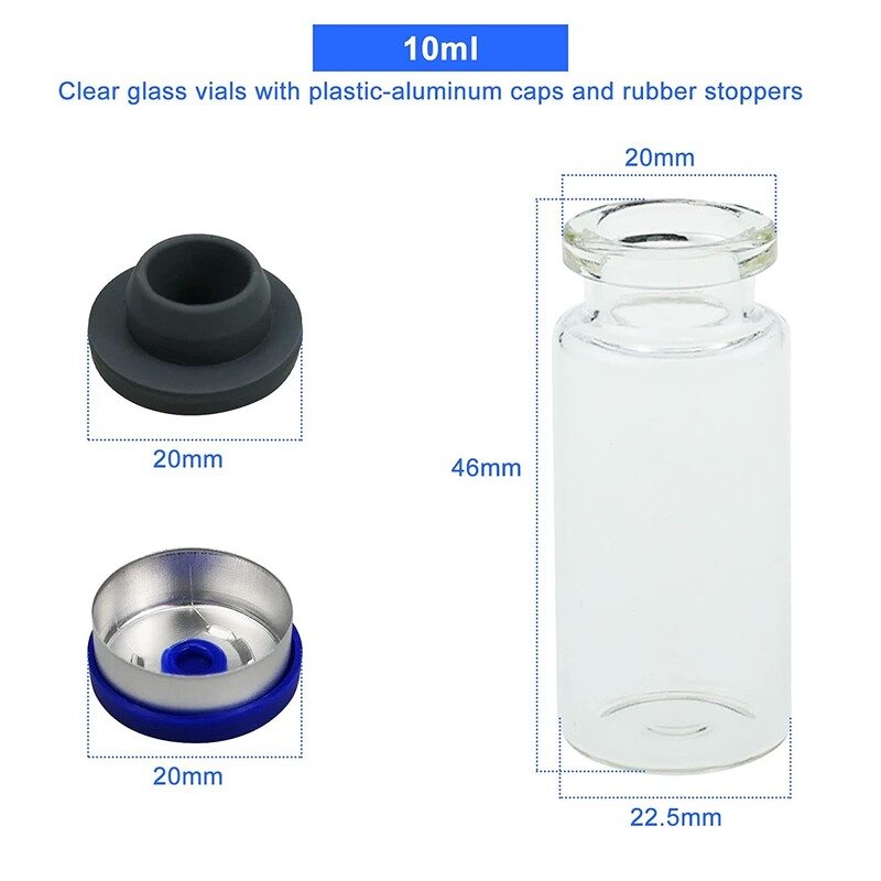 Viales de vidrio transparente de 10 ml, Vial de espacio frontal de vidrio con tapas abatibles de aluminio de plástico y tapones de goma, 100 Uds.