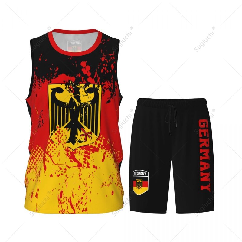 ชุด JERSEY Basket ลายธงธงชาติเยอรมนีของผู้ชายเสื้อและกางเกงเสื้อแขนกุดออกแบบชื่อเฉพาะ Nunber