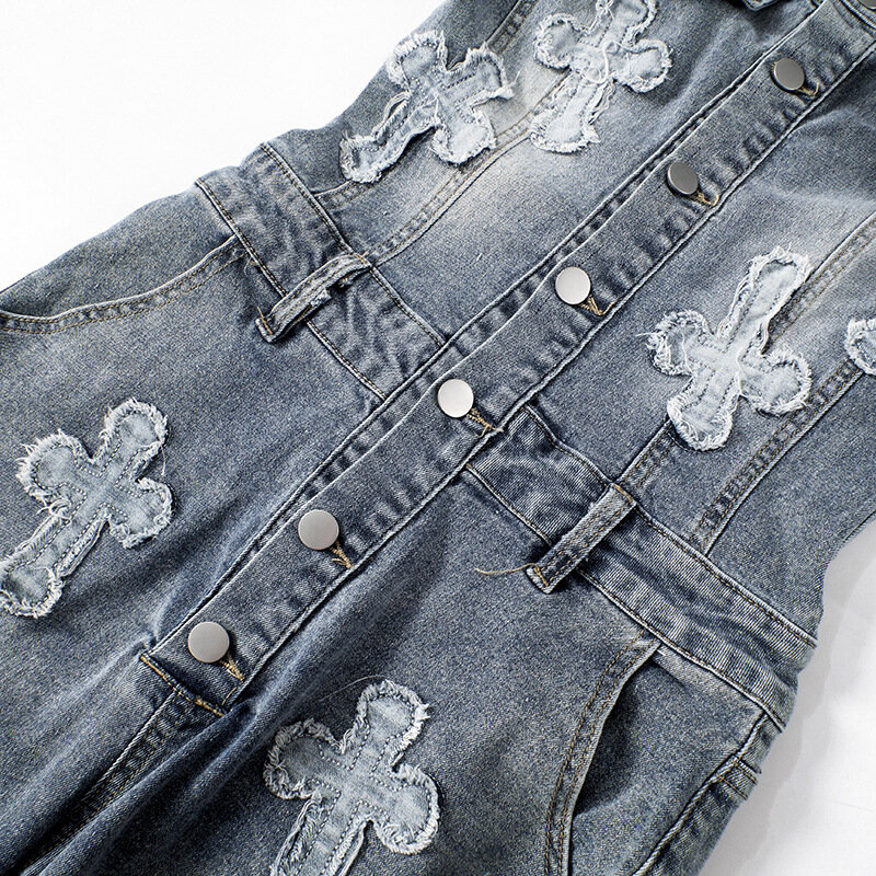 Женский облегающий джинсовый комбинезон без бретелек, летний короткий комбинезон с эффектом потертости, 2024