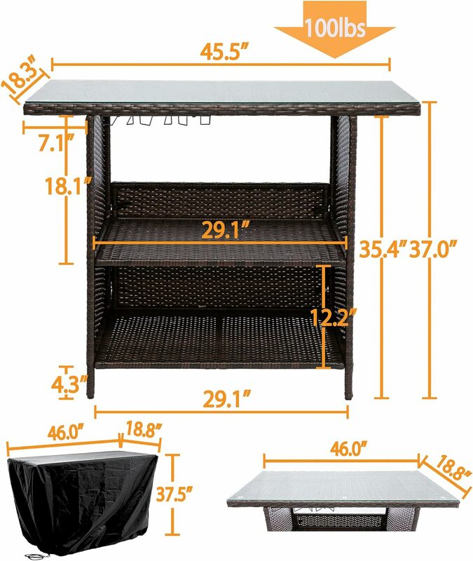 PE Wicker Bar Counter, 3 in 1 Glass Top Outdoor Patio Bar Table w/ 3 Steel Shelves, Rattan Bar Counter w/ 3 Sets of Rails, Brown