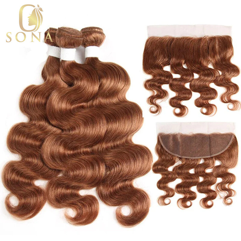 30# Brown 3/4 Bundles Human Hair Bundles With Closure Frontal Body Wave Brazilian Colored Hair 10"to 30"inches Wholesale Price