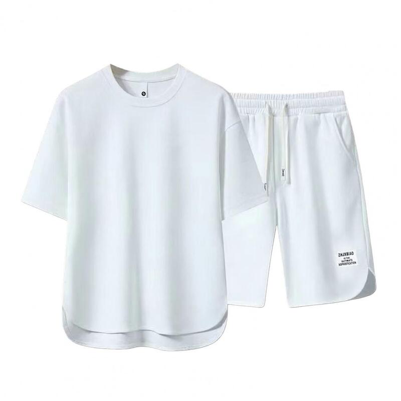 Conjunto esportivo casual com decote em O masculino, camiseta de manga curta, cintura com cordão, calção de perna larga, roupa verão