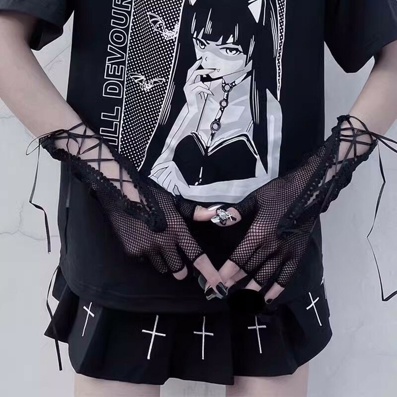 Nieuwe Gothic Lolita Bandage Visnet Lange Halve Vinger Handhandschoenen Manchet Vrouwen Mannen Sexy Mesh Black Punk Outdoor Gothic Rekbare Wanten