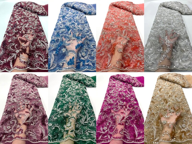 2024 terbaru kain renda payet Afrika bordir kualitas tinggi 3D manik-manik bunga Perancis renda jaring Nigeria untuk gaun pesta pernikahan