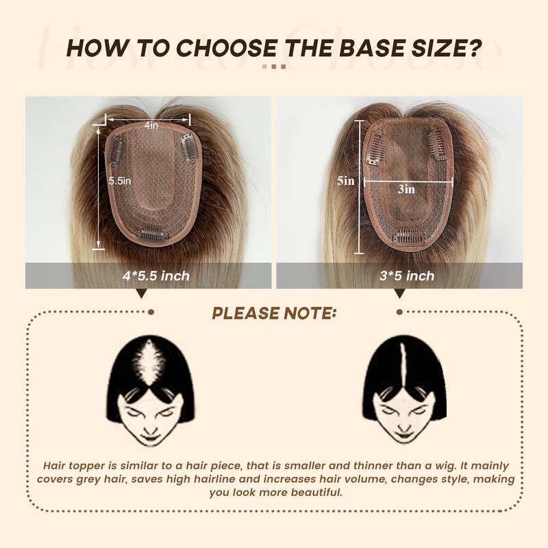 10/12/14 inches Hair Toppers for Women Brown Blonde Ombre Human Hair Toppers Silk Base Clips in Hair Extension Topper With Bangs