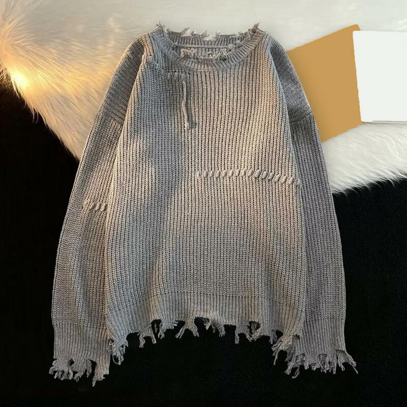 Long Sleeve Sweater Men's Fringe Tassel Sweater Warm Knitted Pullover with Ripped Detail Loose Fit for Fall Winter Vintage