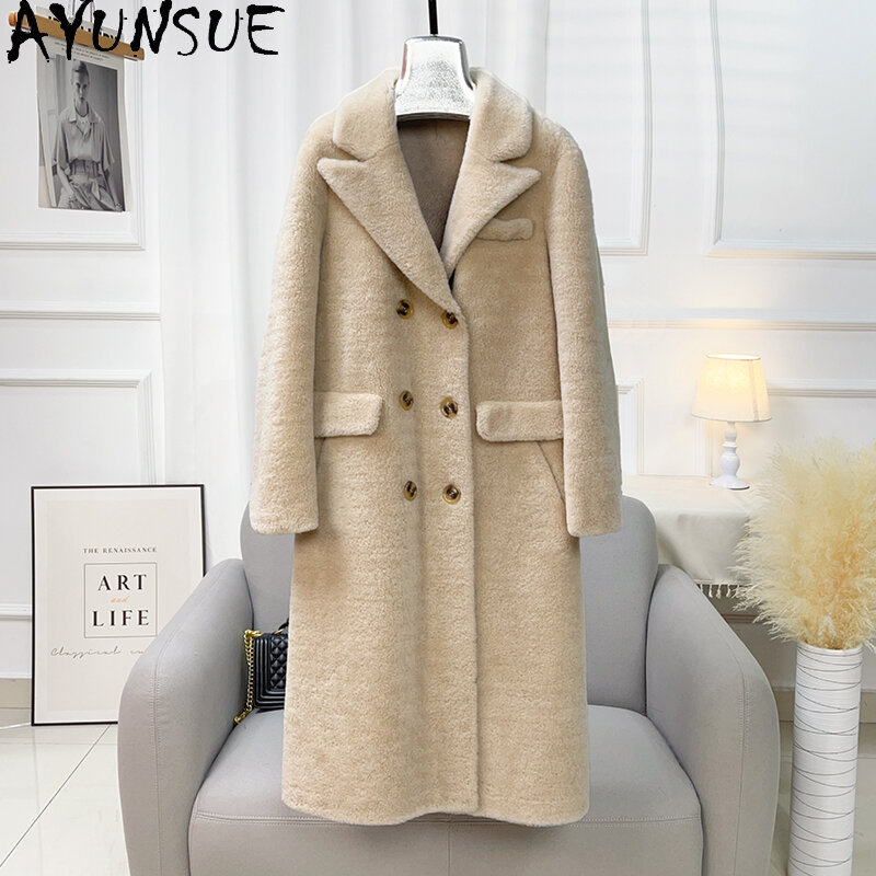 AYUNSUE-Veste de tonte de mouton pour femme, manteau en laine, col imbibé, fourrure longue, mode automne et hiver, 100%
