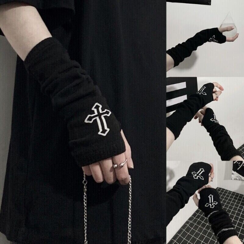 Punk Grunge Cross Gloves New、 Black Neutral Long Sleeves Rock Ninja Sleeve Cosplay