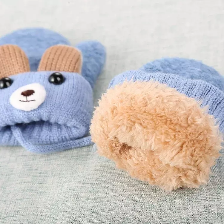 Simpatico cartone animato orso guanti per bambini inverno lana lavorata a maglia guanti per neonati Thicke guanti caldi a corda piena per ragazzi ragazze Toddlers 0-3 Y