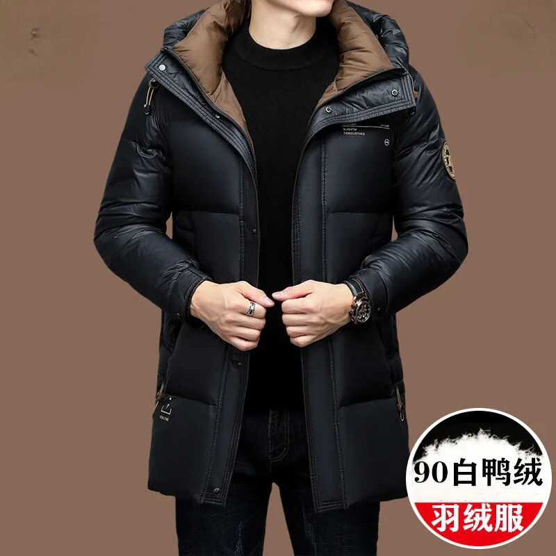 メンズミドル丈フード付きジャケット、90% ホワイトダックダウン、厚手、暖かい、高品質、冬