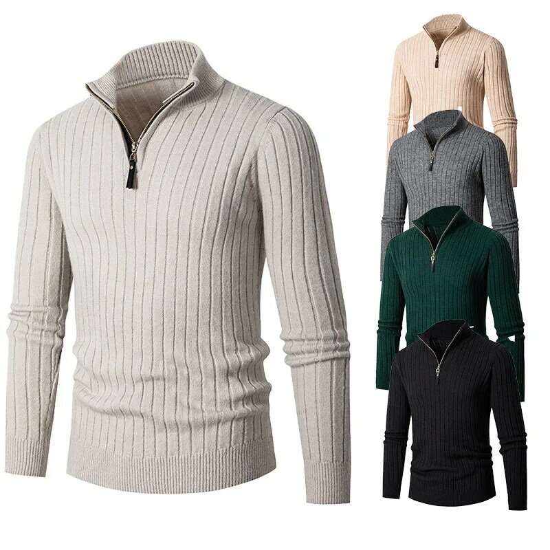 เสื้อคลุมผ้าวูลสเวตเตอร์คอเต่าแบบถักสำหรับผู้ชายคอตั้งกึ่งสูงสีล้วนสำหรับฤดูใบไม้ร่วงและฤดูหนาว