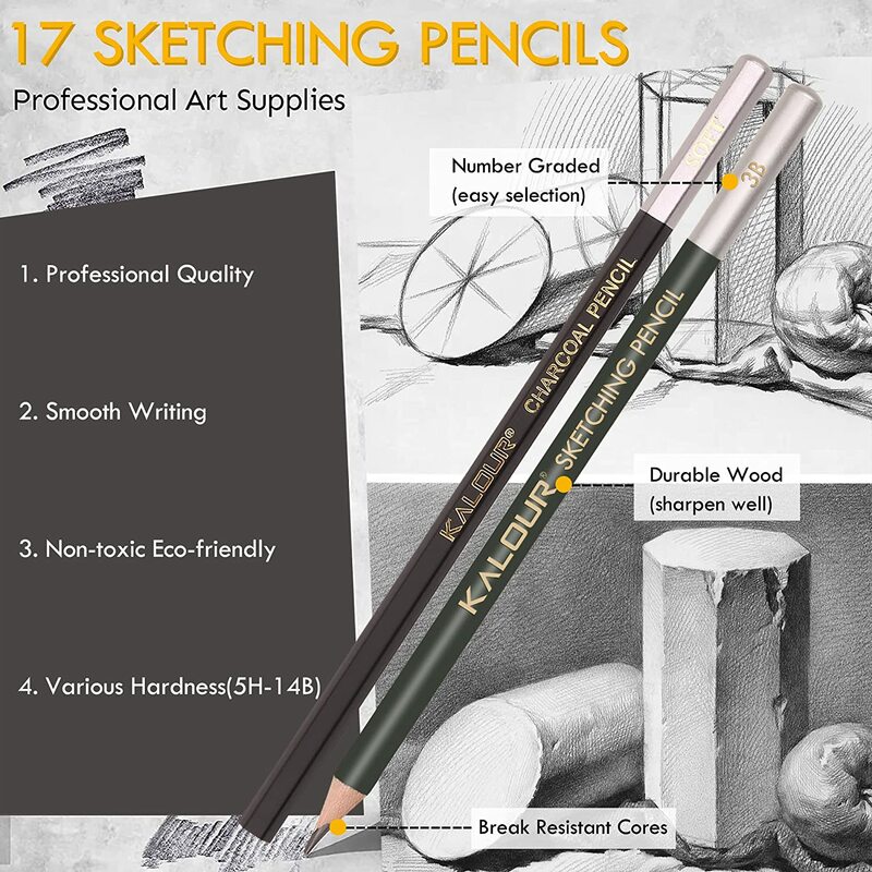 52/72 Pak pensil gambar sketsa dengan dua buku sketsa, kotak timah, termasuk grafit, arang dan peralatan seniman, perlengkapan menggambar seni Pro