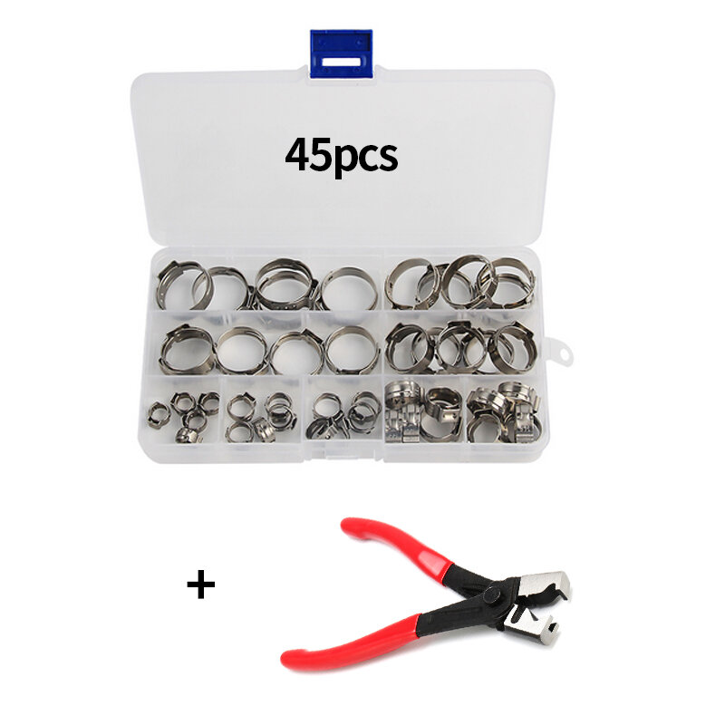 130/80/45pcs Stainless Steel Ear Stepless Clamp Worm Drive Fuel Water Hose Pipe Clamps Clips+ 1PC Hose Clip Clamp Pliers