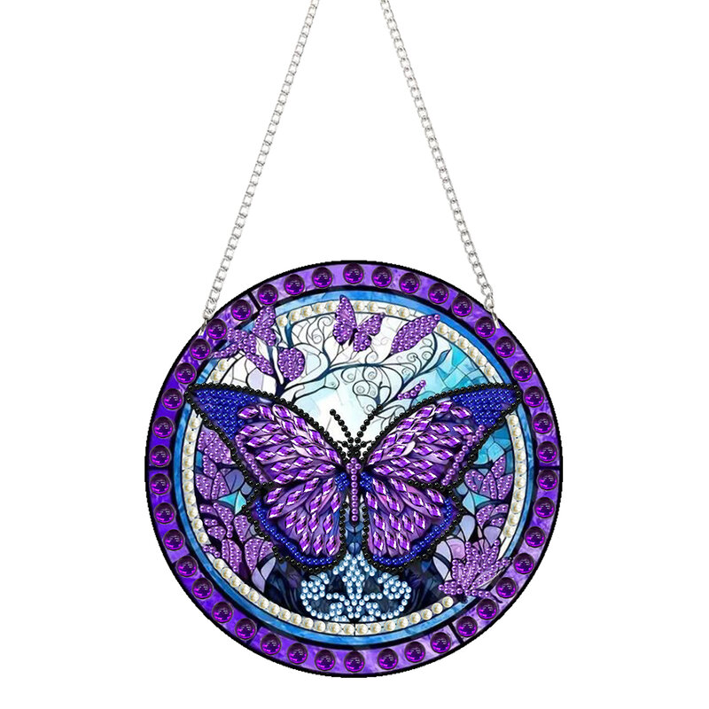 Liontin lukisan berlian, liontin gantung mosaik seni berlian kupu-kupu ungu, dekorasi pintu dinding taman rumah, hadiah buatan tangan