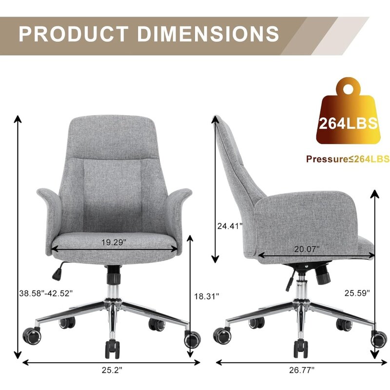 Home Office Desk Chair, cadeira do computador ergonômico, tecido moderno linho, altura ajustável Tarefa, balanço do encosto