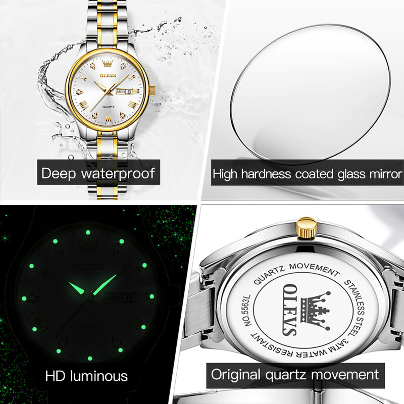 Olevs 5563 Diamant Luxe Quartz Paar Horloges Rvs Waterdicht Horloge Voor Mannen Vrouwen Dubbele Kalender Mode Handklok