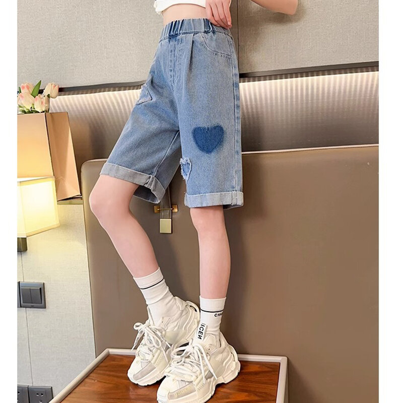 Calças jeans curtas de tecido infantil, jeans para adolescentes, estilo coração de verão, presente de aniversário de 2 a 12 anos