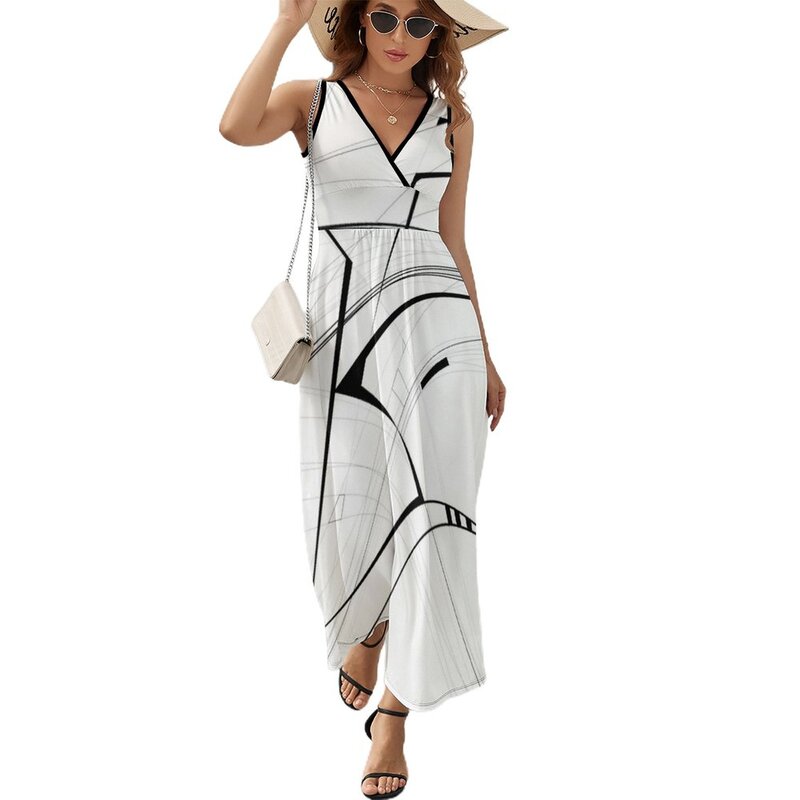 black Abstract Geometric and perspective Sleeveless Dress sensual sexy dress for women Dresses gala clothes for women