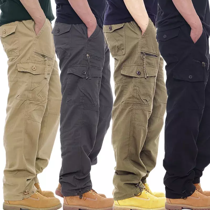 Calça casual de algodão simples masculina, calça elástica na cintura, tamanho grande, bolso múltiplo, calça, local