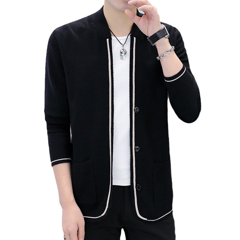 2023 Men's New Knitted Cardigan without Buckle Stand Collar Fashion Outerwear Long Sleeve Sweater