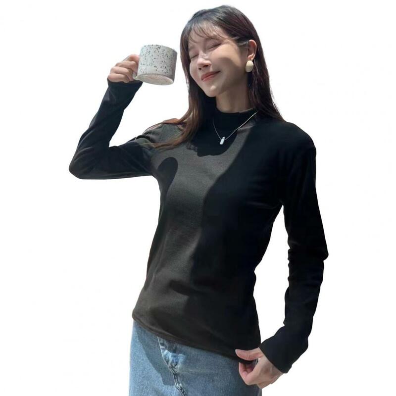 Women Fall Winter Top Thick Velvet Stand Collar Long Sleeve Slim Fit Pure Color Pullover Soft Warm Heating One Size Lady Blouse