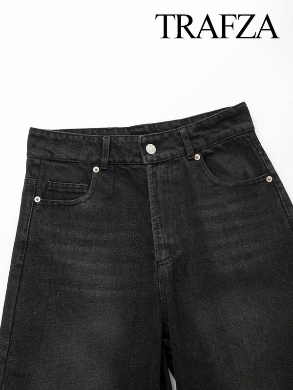 TRAFZA-Conjunto de pantalones vaqueros negros para mujer, Pantalón recto de cintura alta y pierna ancha, abrigos de manga larga con tirantes de Metal, moda de primavera, 2024
