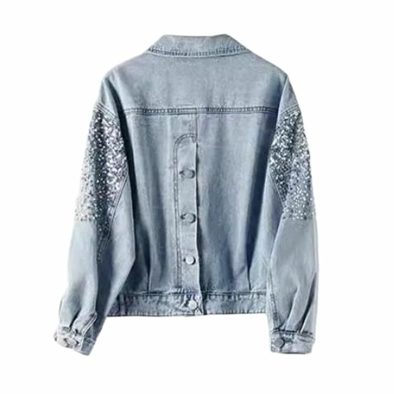 Women's Sequin Pocket Denim Jacket Long Sleeve Coat Casual Outerwear Spring Tops Autumn Fashion New