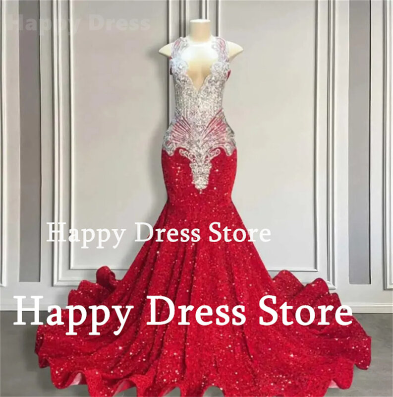 Happy Dress Sexy Red Prom dress V-Neck Sleeveless Beads Appliques Evening Dress Sequin Mermaid Party Dress 2024 Cocktail Gown