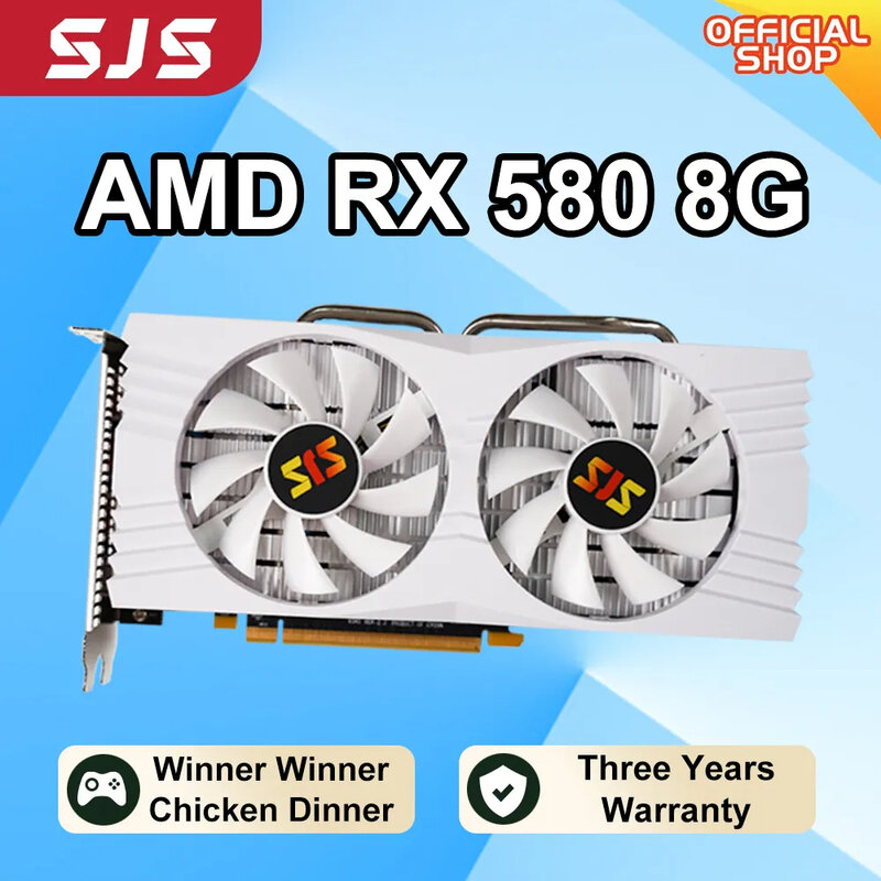 SJS-RX 580 8G 256Bit 2048SP GDDR5 AMD GPU 그래픽 카드, RX580 흰색 비디오 카드, Radeon 8GB 마이닝 게임 카드