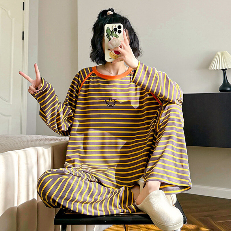 Pijama de algodón a rayas de manga larga con cuello redondo, ropa de dormir informal Simple para el hogar, lencería íntima para estar en casa, novedad de primavera 2024