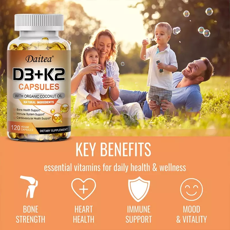 Vegan 2-in-1 Vitamin D3 5000 IU + K2 200mcg kapsul MK-7 bahan alami minyak kelapa organik peraturan kalsium kekebalan