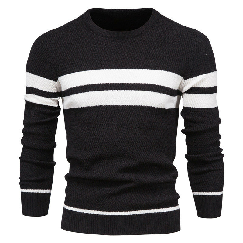 Autumn Winter Men's Casual Striped Sweater Pullover Color Matching Round Neck Long Sleeve Knit Bottoming Shirt