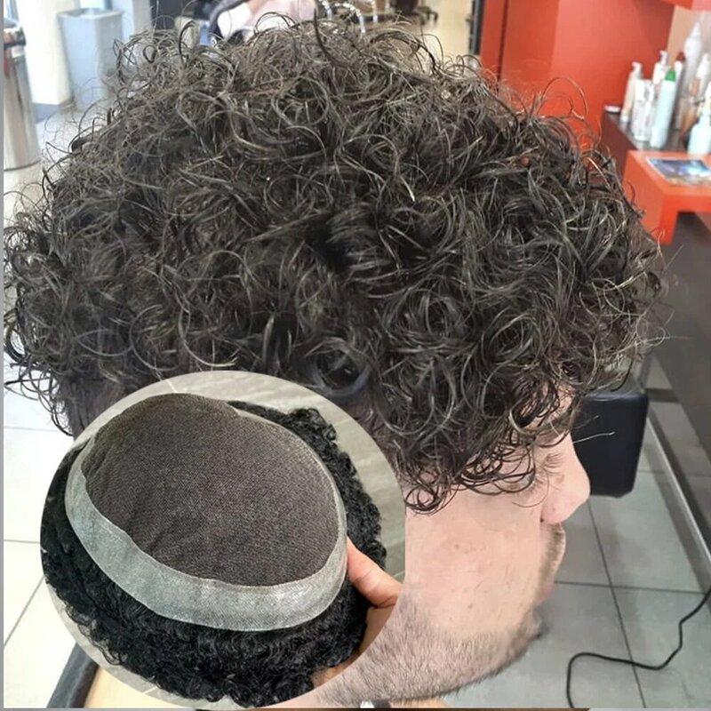 Австралийский Швейцарский парик из человеческих волос на кружевной и полиуретановой основе 8x10 10 мм, мужской парик с кудрявыми волосами, сменный дышащий протез капиллярной формы