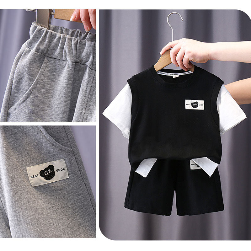 Summer Kids Short Sleeve Patchwork Sport Suit 2pcs Boys Clothes Set Sport Casual Outfits Set with Pants Boy Clothing
