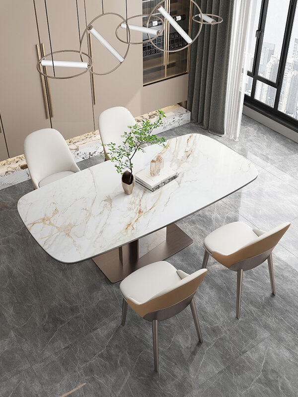 Stone Plate Dining Table Home Dining Table High-End Bright Rectangular Dining-Table Chair Combination
