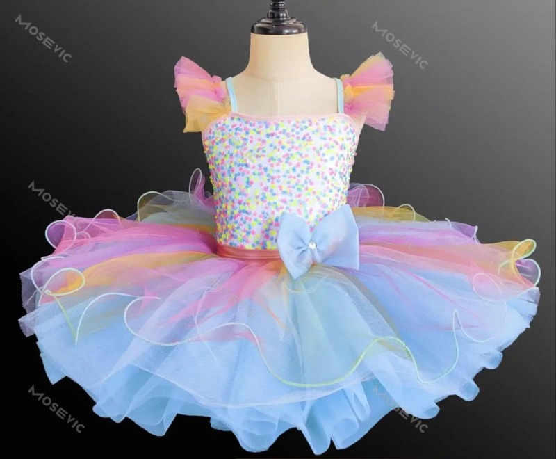 Ropa de salón para niños, vestido de tutú de Ballet con lentejuelas, Color arcoíris, ropa de rendimiento moderna, vestido de princesa de Ballet
