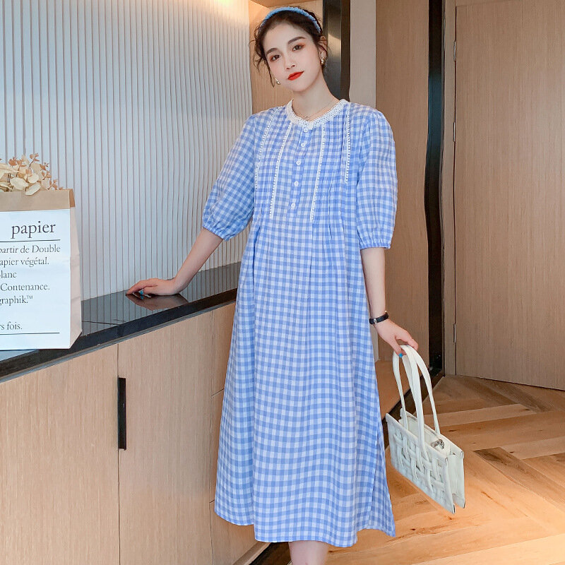 Bộ Đồ Cotton Thun Đầm Linen 2022 Mới Rời Kẻ Sọc Vintage Cổ Tròn Giữa Bắp Chân Quần Áo Dành Cho Phụ Nữ Mang Thai Mang Thai Vestidos