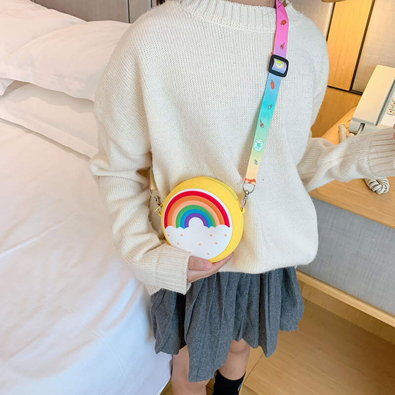 2023 Round Donut Crossbody Bag Child Girl Children Shoulder Bag Adjustable Strap Vacation Travel Rainbow Printed Pocket Package